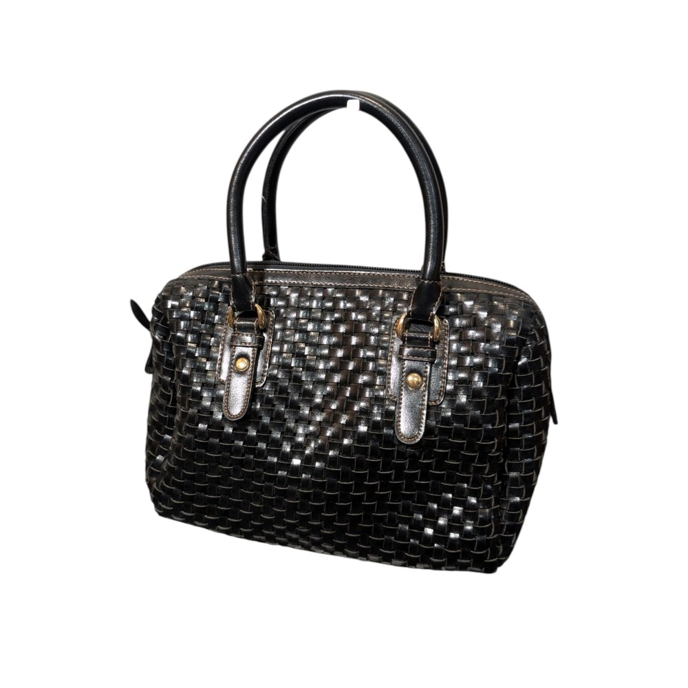 Naturalizer Black Woven Satchel Handbag Faux Leather Top Handle Bag
